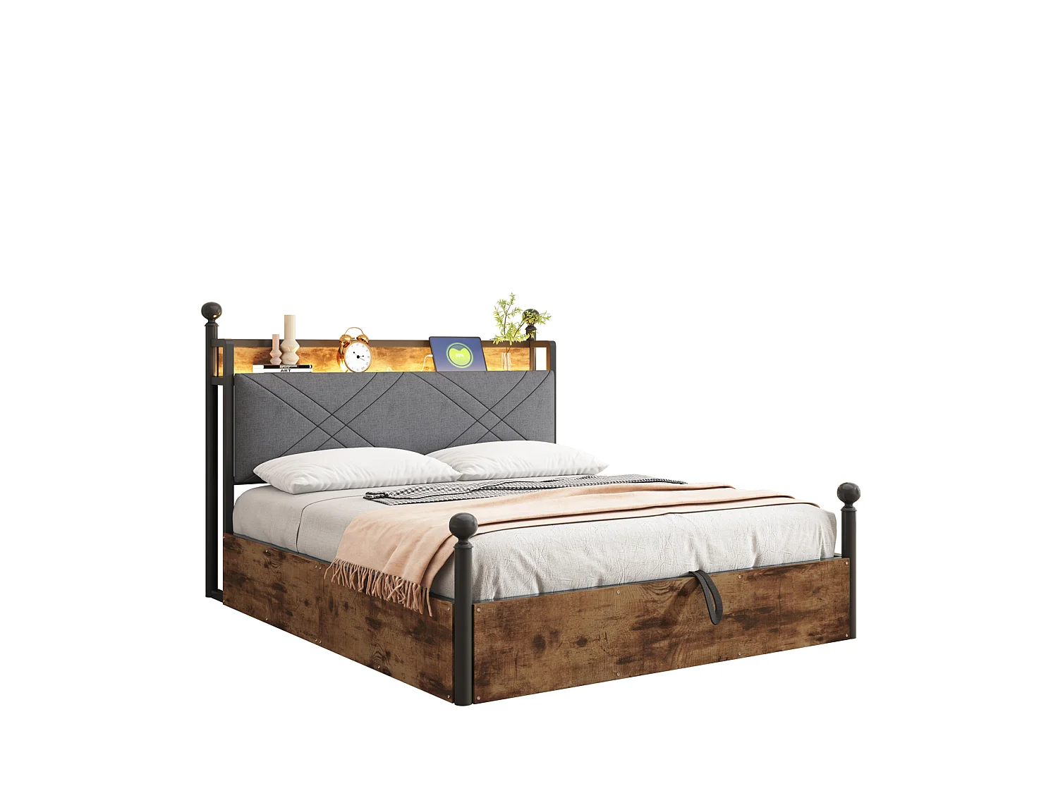 Lit coffre adulte 140x190 cm à baldaquin amovible avec USB/Type-C et rangement - Noir et bois foncé