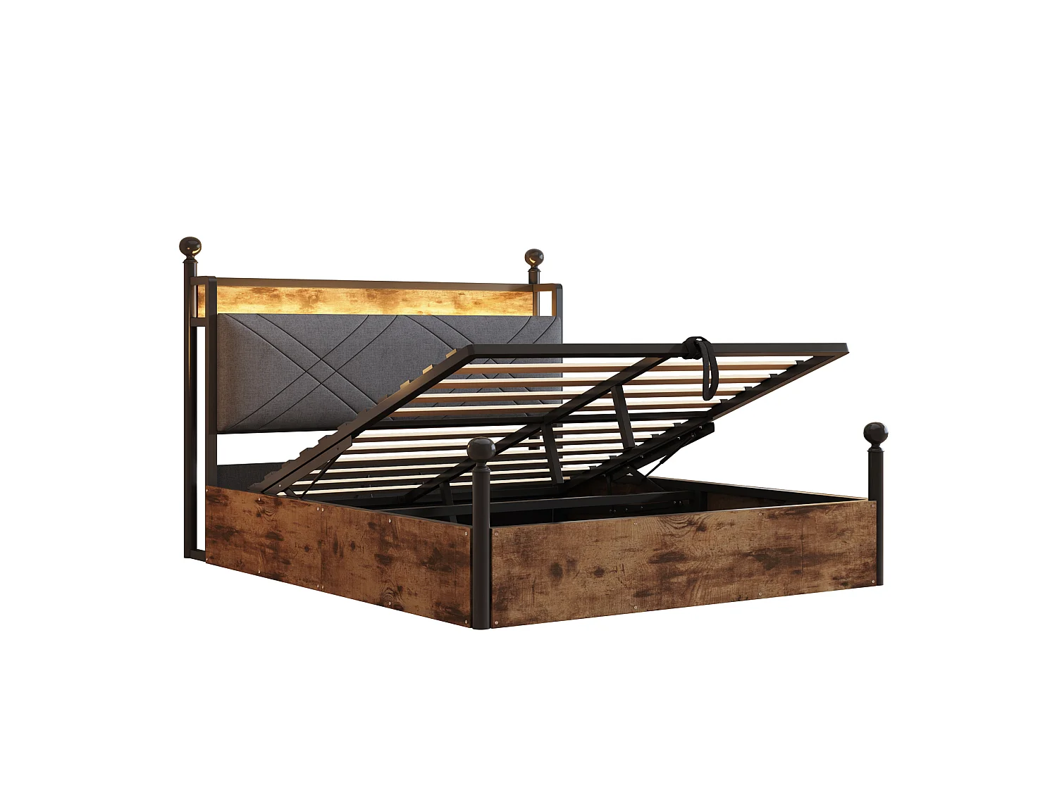 Lit coffre adulte 140x190 cm à baldaquin amovible avec USB/Type-C et rangement - Noir et bois foncé