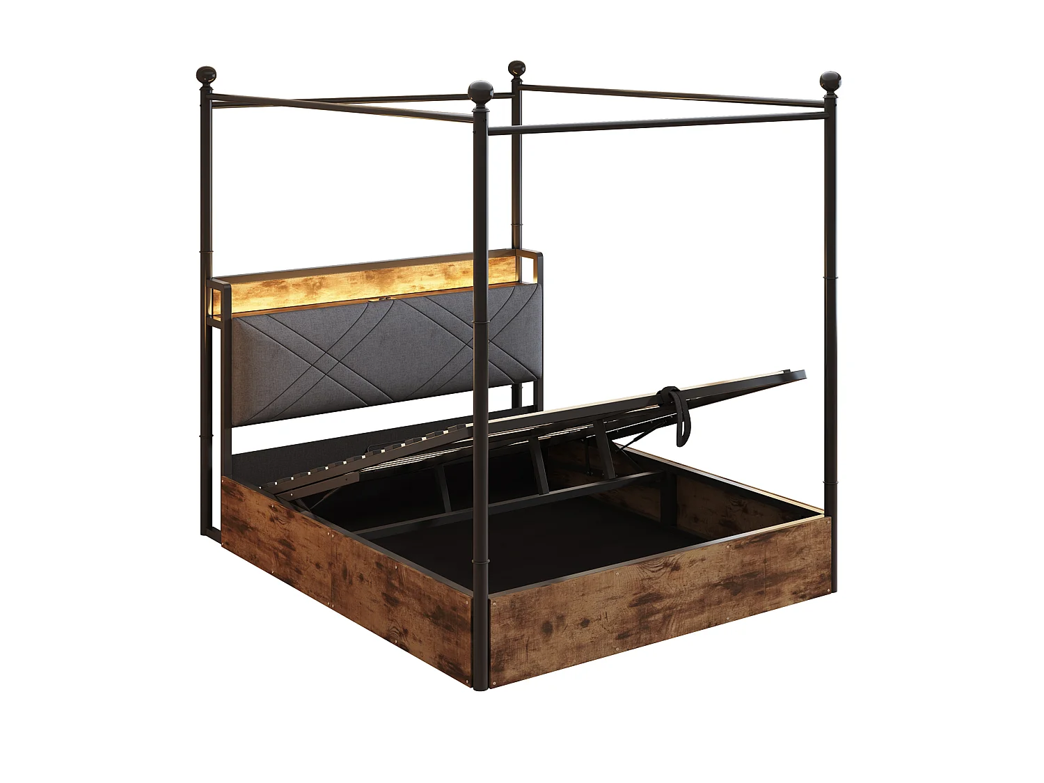 Lit coffre adulte 140x190 cm à baldaquin amovible avec USB/Type-C et rangement - Noir et bois foncé
