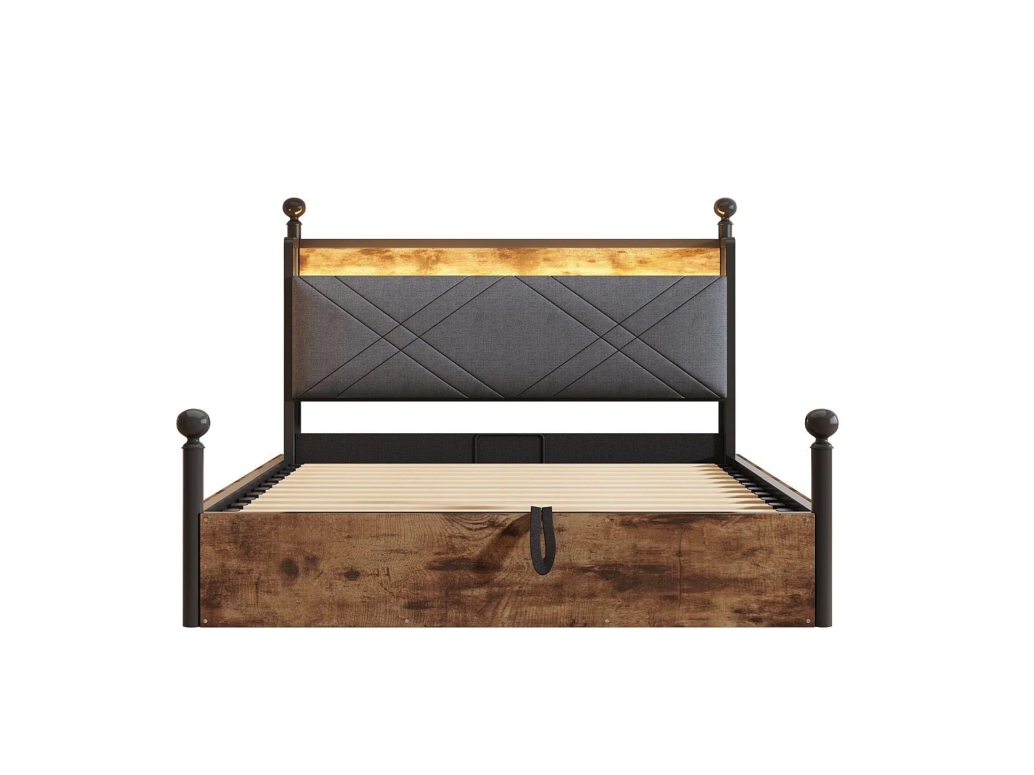 Lit coffre adulte 140x190 cm à baldaquin amovible avec USB/Type-C et rangement - Noir et bois foncé