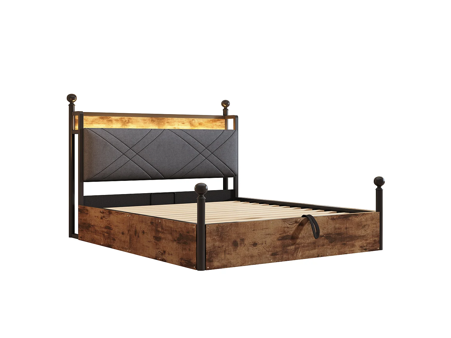 Lit coffre adulte 140x190 cm à baldaquin amovible avec USB/Type-C et rangement - Noir et bois foncé