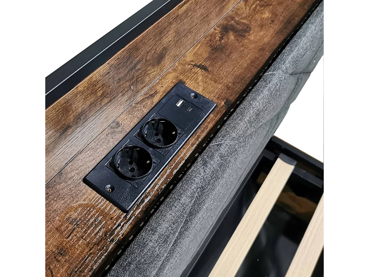 Lit coffre adulte 140x190 cm à baldaquin amovible avec USB/Type-C et rangement - Noir et bois foncé