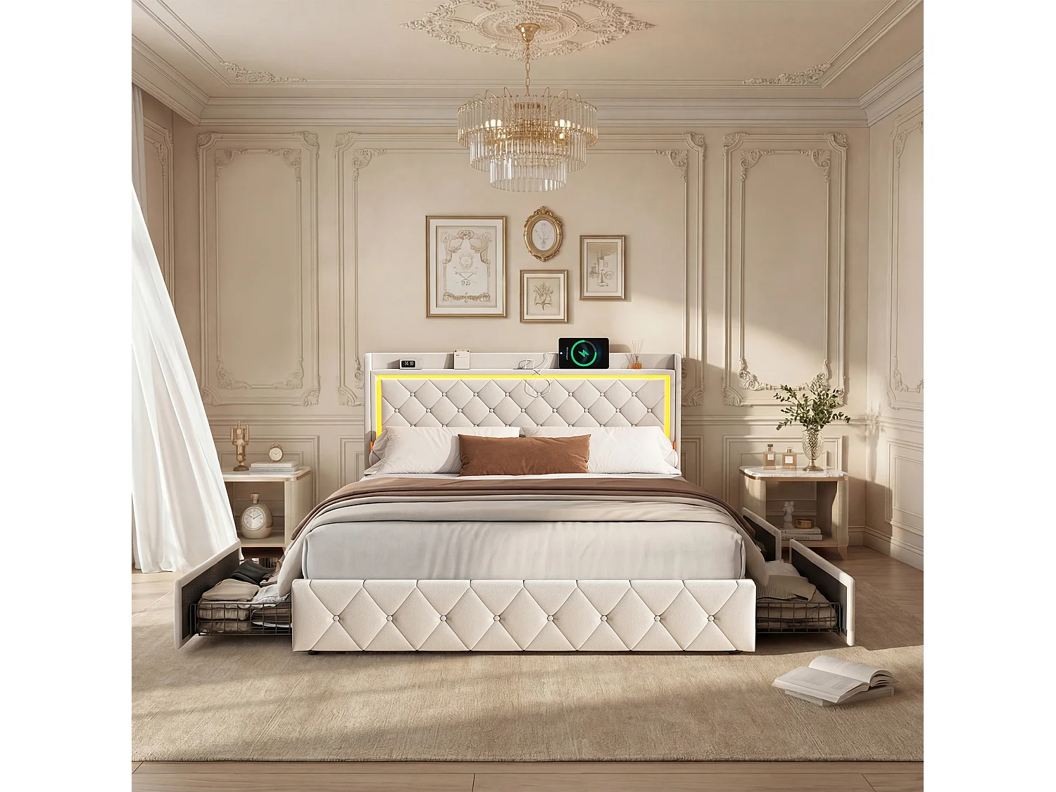 Lit 140x200 cm - Lit rembourré avec LED et USB - lit adulte avec sommier à lattes - cadre de lit double avec 4 tiroirs et tête de Lit Capitonnée - Velours Beige