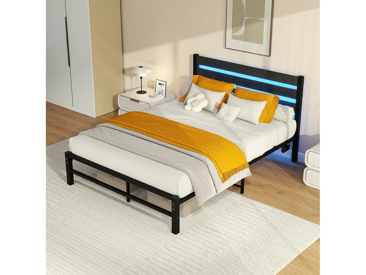 Lit adulte 140x200 cm avec tête de lit, USB et LED - MDF et métal - Noir