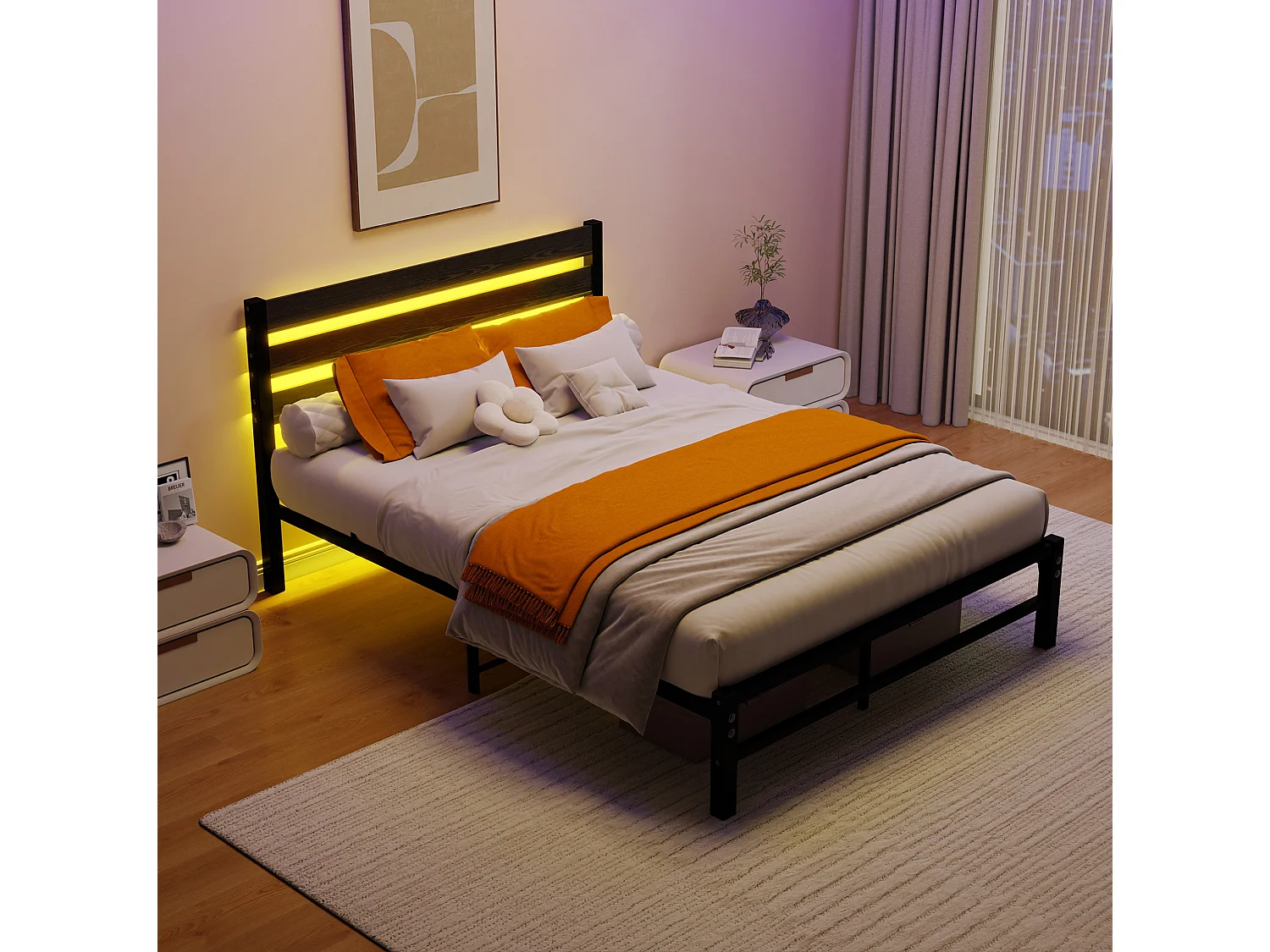 Lit adulte 140x200 cm avec tête de lit, USB et LED - MDF et métal - Noir