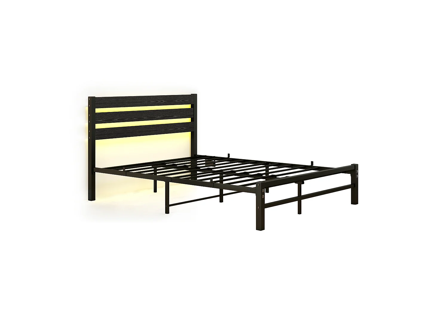 Lit adulte 140x200 cm avec tête de lit, USB et LED - MDF et métal - Noir