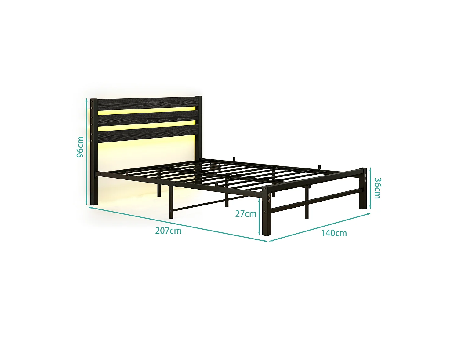 Lit adulte 140x200 cm avec tête de lit, USB et LED - MDF et métal - Noir