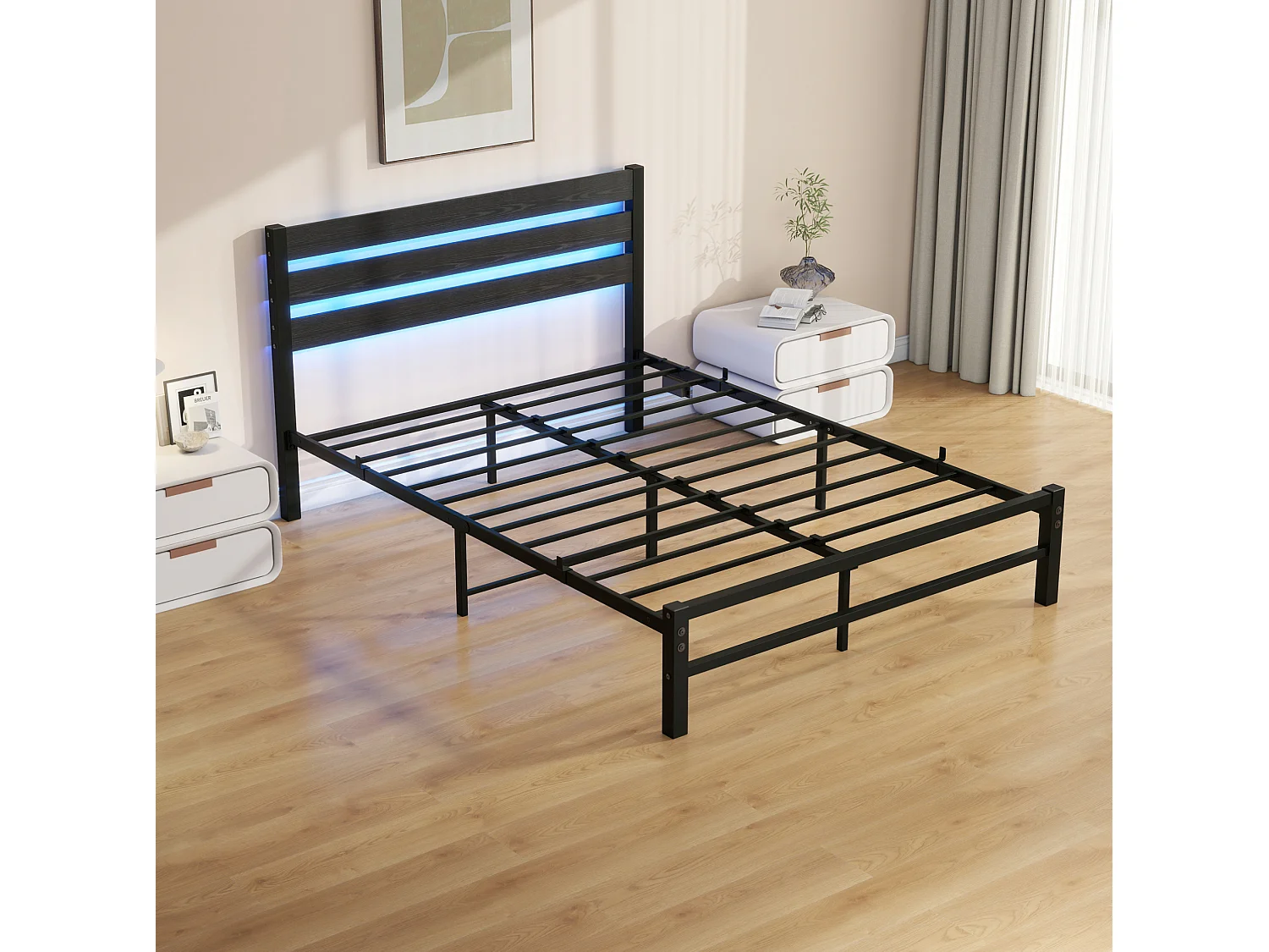Lit adulte 140x200 cm avec tête de lit, USB et LED - MDF et métal - Noir
