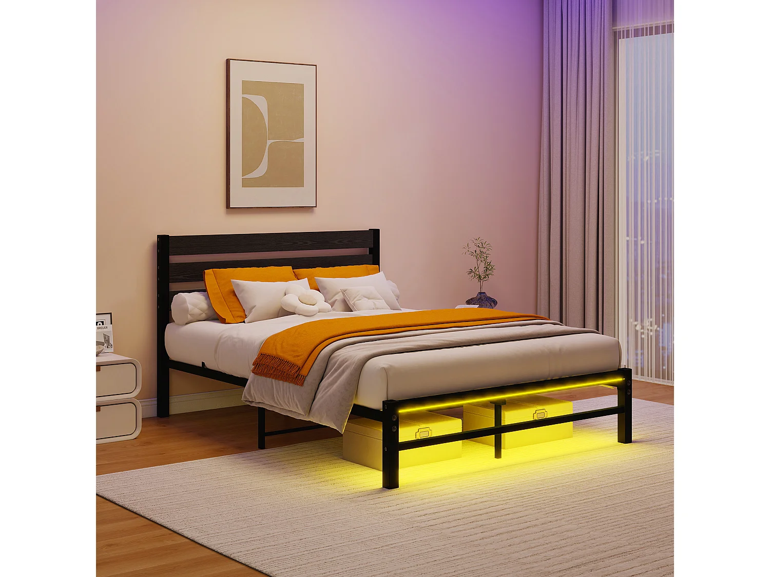 Lit adulte 140x200 cm avec tête de lit, USB et LED - MDF et métal - Noir
