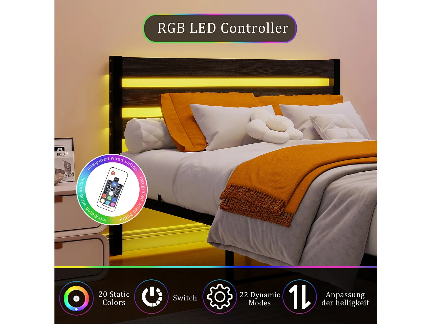 Lit adulte 140x200 cm avec tête de lit, USB et LED - MDF et métal - Noir