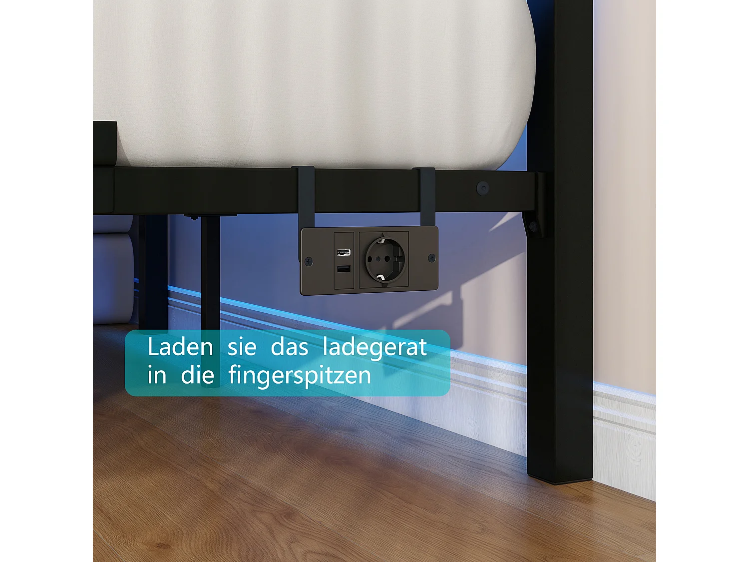 Lit adulte 140x200 cm avec tête de lit, USB et LED - MDF et métal - Noir