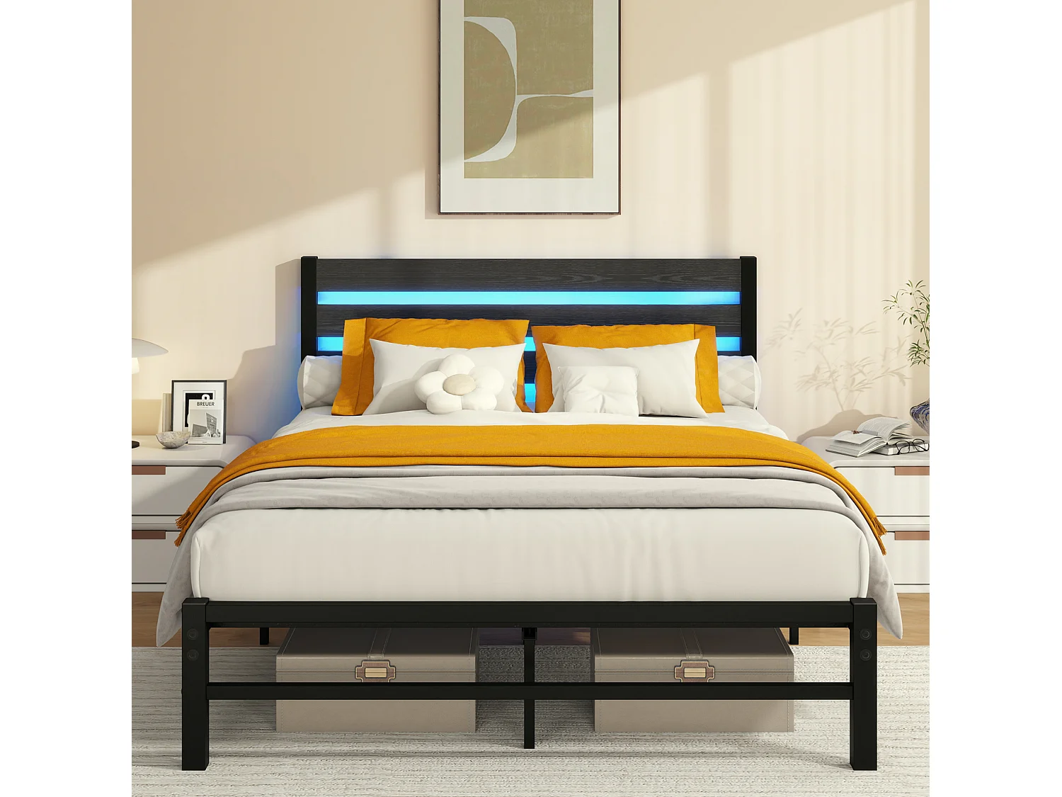Lit adulte 140x200 cm avec tête de lit, USB et LED - MDF et métal - Noir