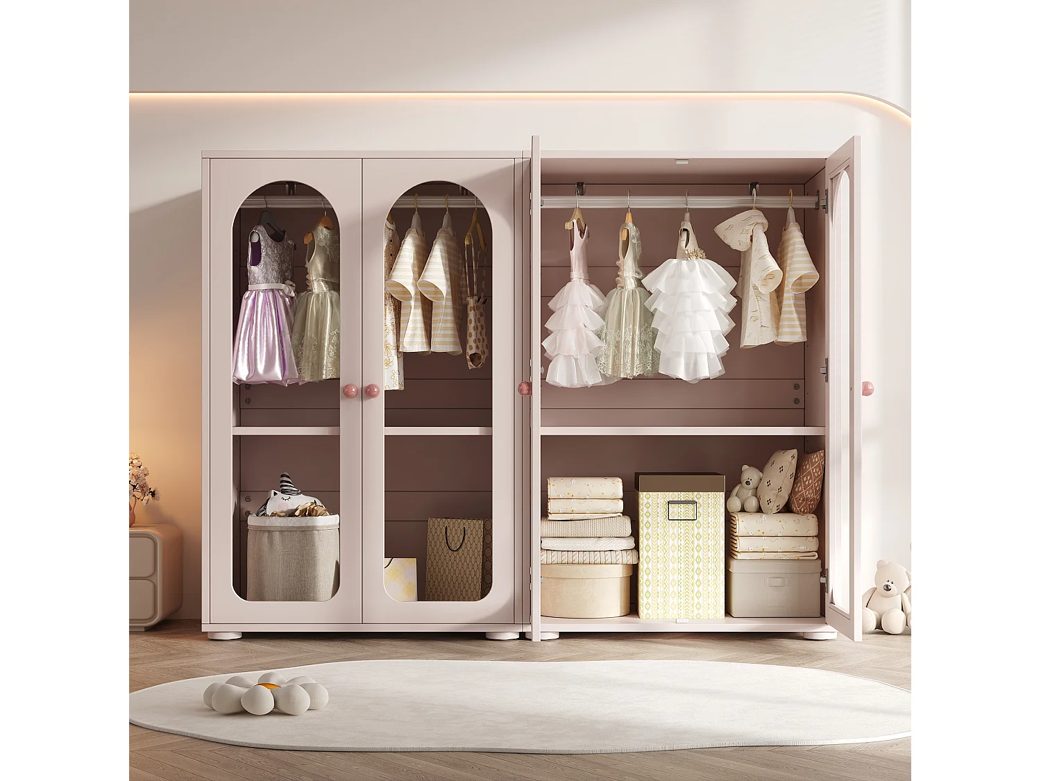 Lot de 2 Armoire enfant rose avec portes en acrylique et tringle - MDF