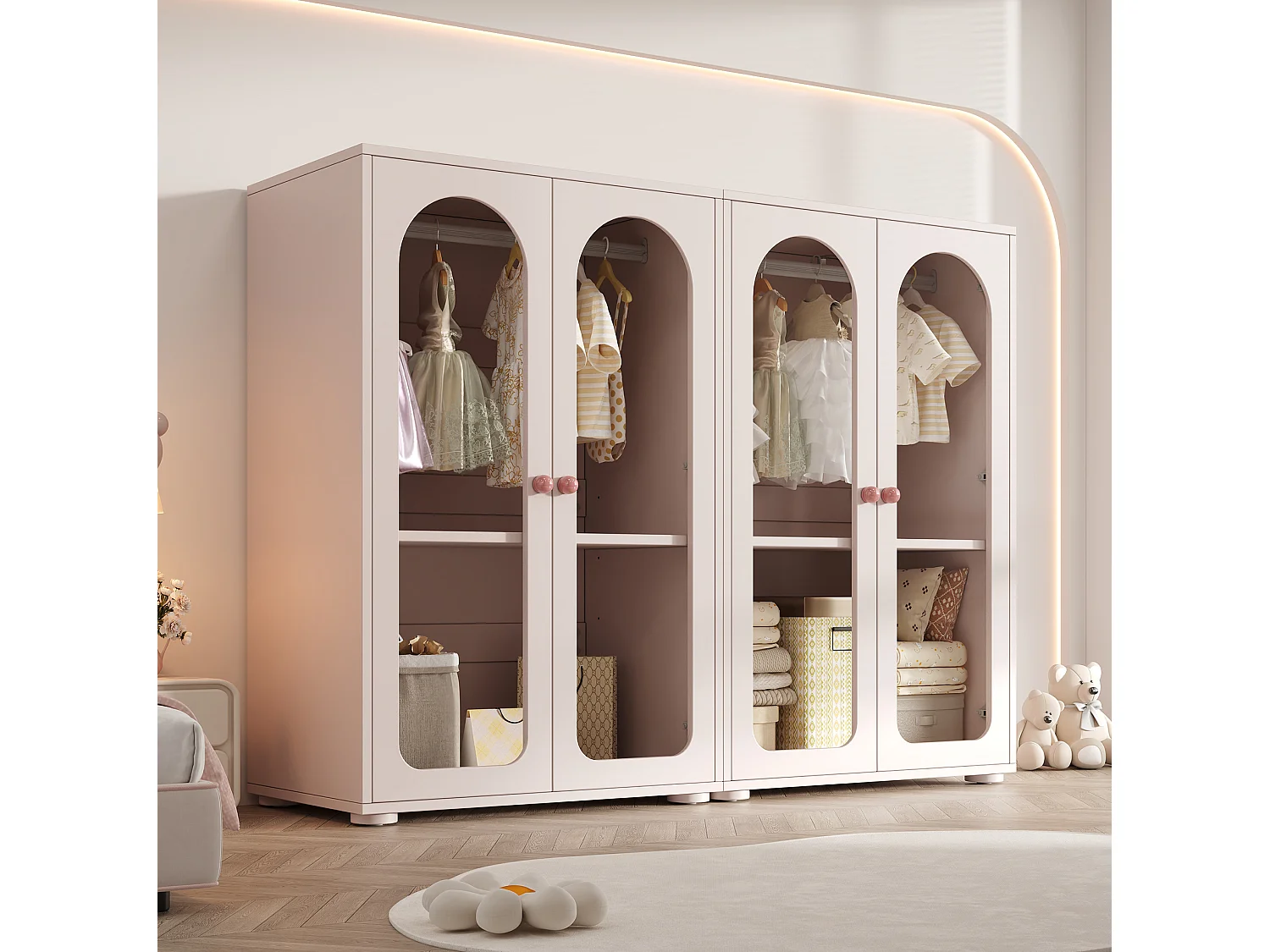 Lot de 2 Armoire enfant rose avec portes en acrylique et tringle - MDF