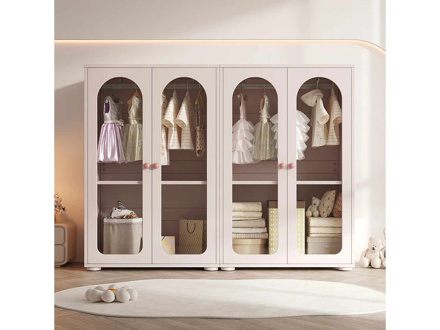 Lot de 2 Armoire enfant rose avec portes en acrylique et tringle - MDF