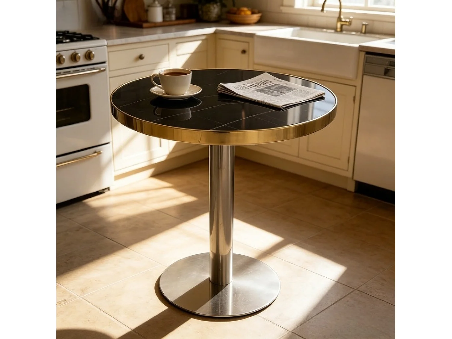 Table d'appoint ronde 60 x 60 cm effet marbre noir et acier inoxydable argenté