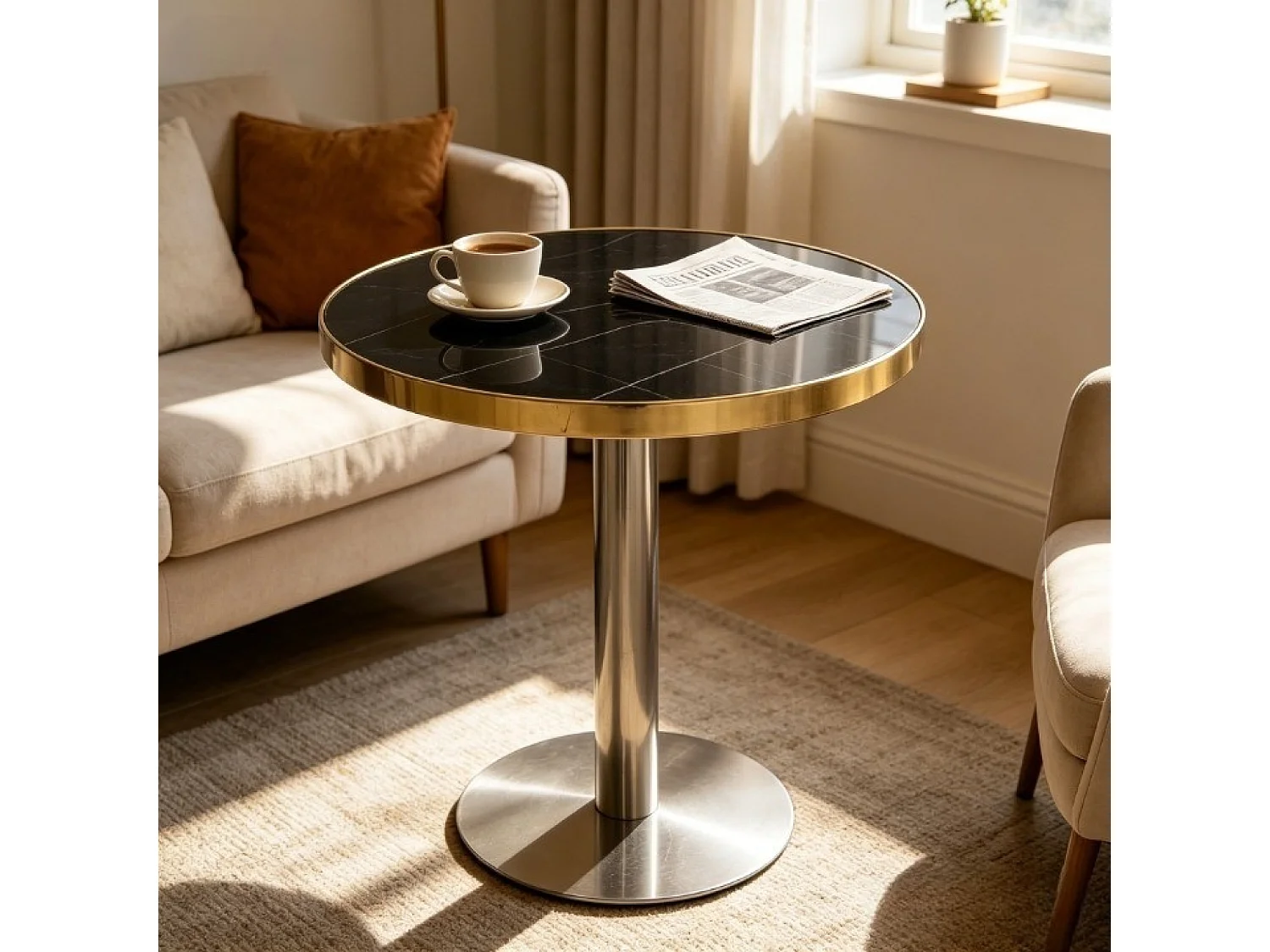 Table d'appoint ronde 60 x 60 cm effet marbre noir et acier inoxydable argenté