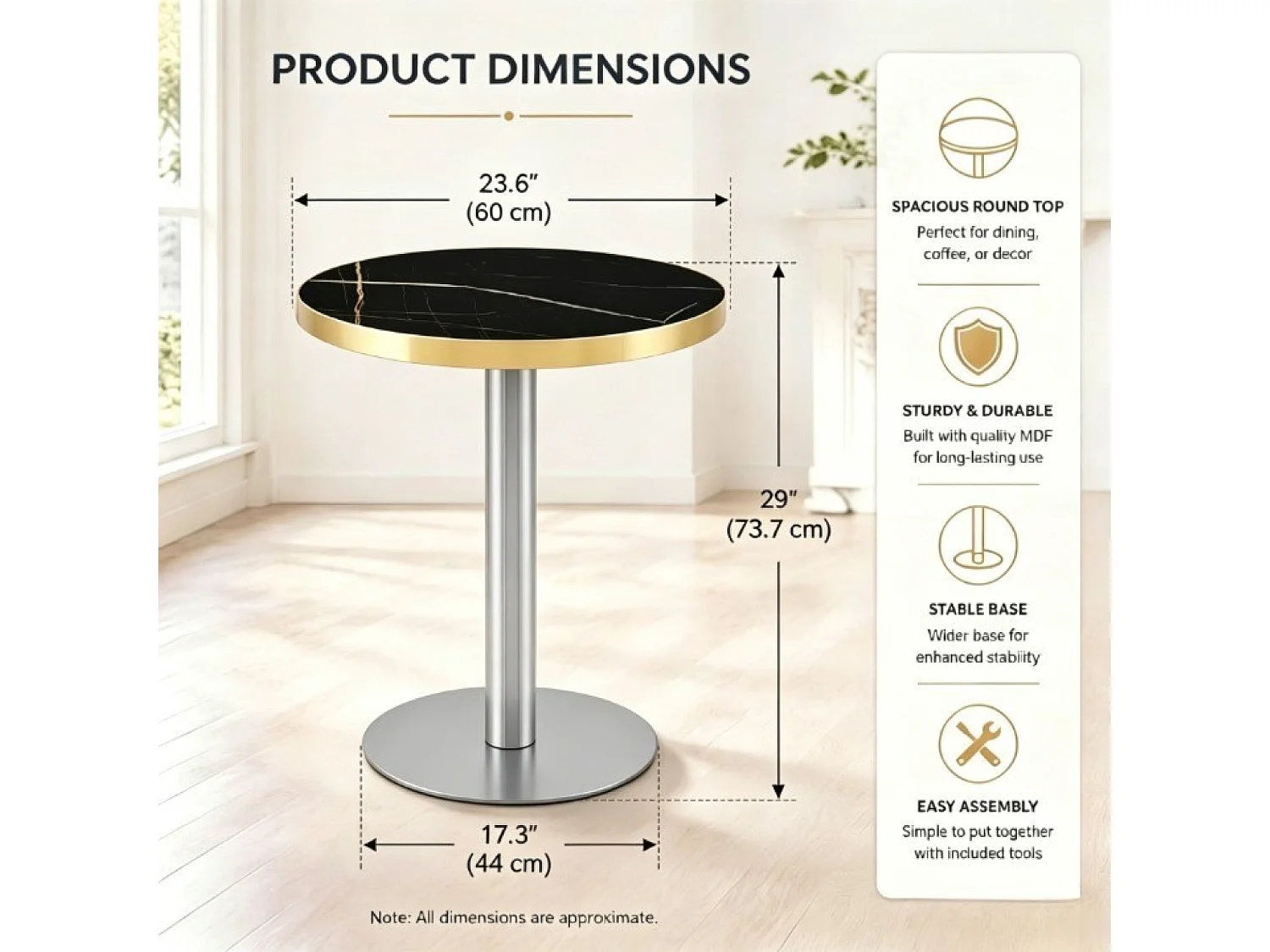 Table d'appoint ronde 60 x 60 cm effet marbre noir et acier inoxydable argenté