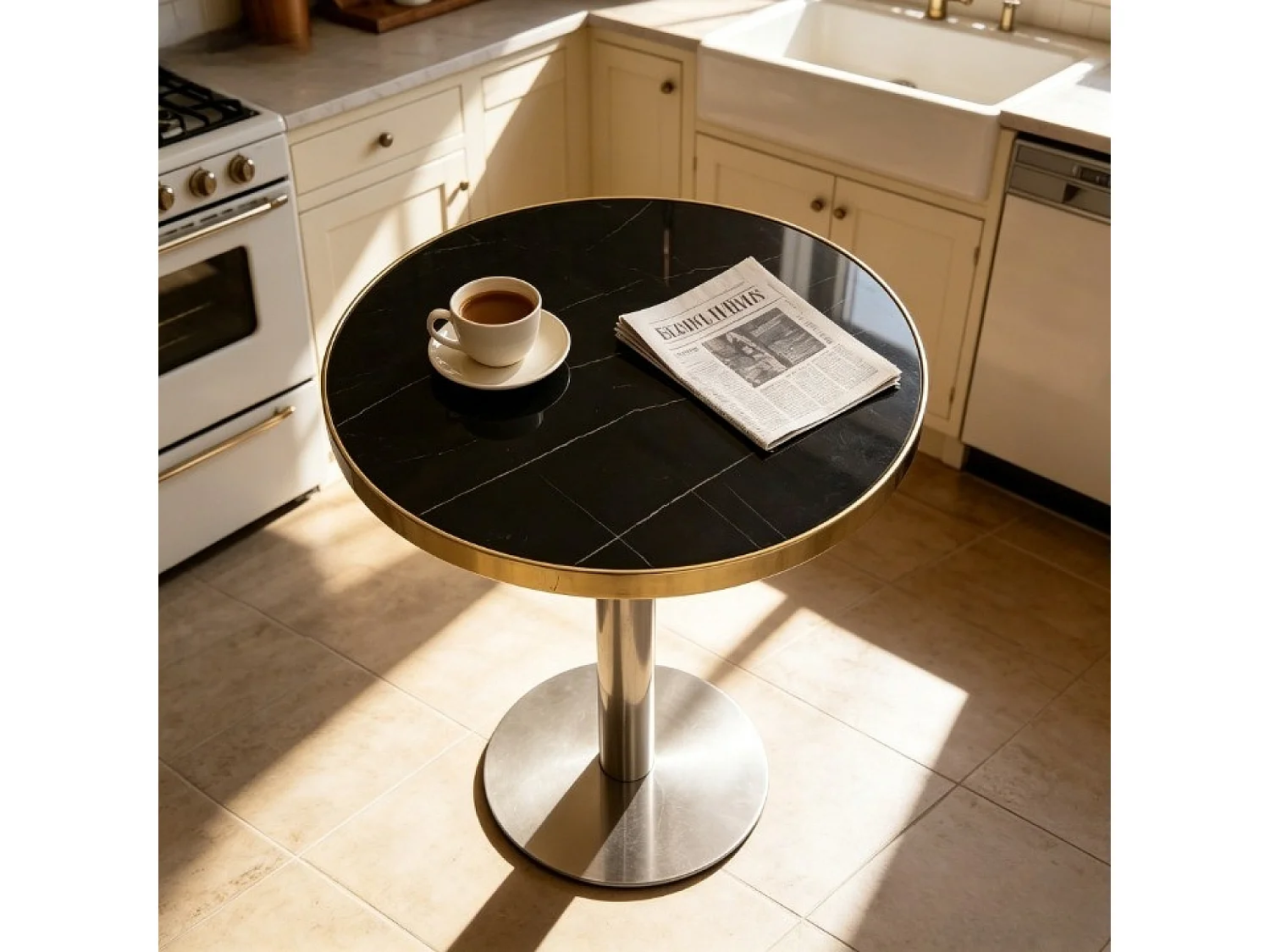 Table d'appoint ronde 60 x 60 cm effet marbre noir et acier inoxydable argenté