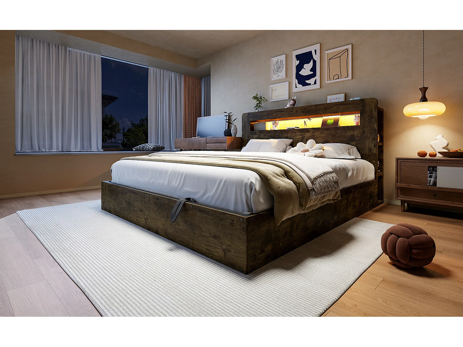 Lit coffre adulte 180x200 cm avec LED et prises - Bois naturel foncé