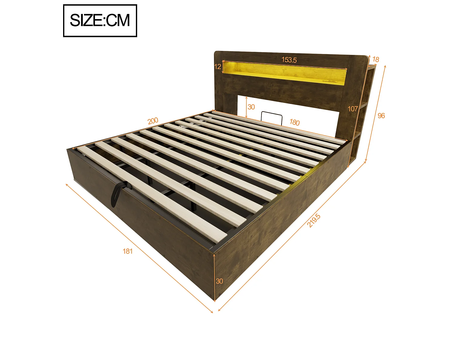 Lit coffre adulte 180x200 cm avec LED et prises - Bois naturel foncé
