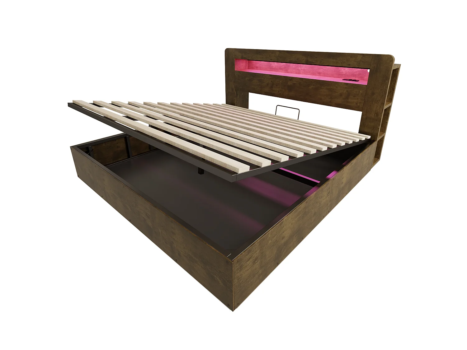 Lit coffre adulte 180x200 cm avec LED et prises - Bois naturel foncé