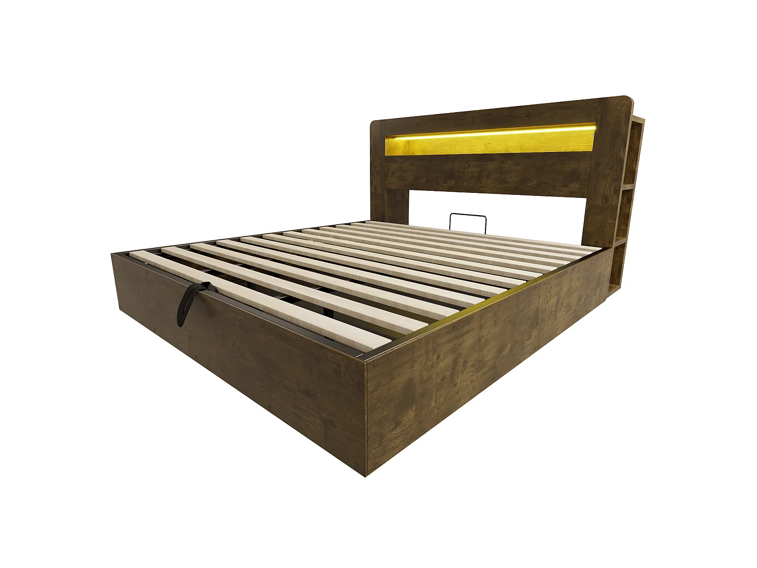 Lit coffre adulte 180x200 cm avec LED et prises - Bois naturel foncé