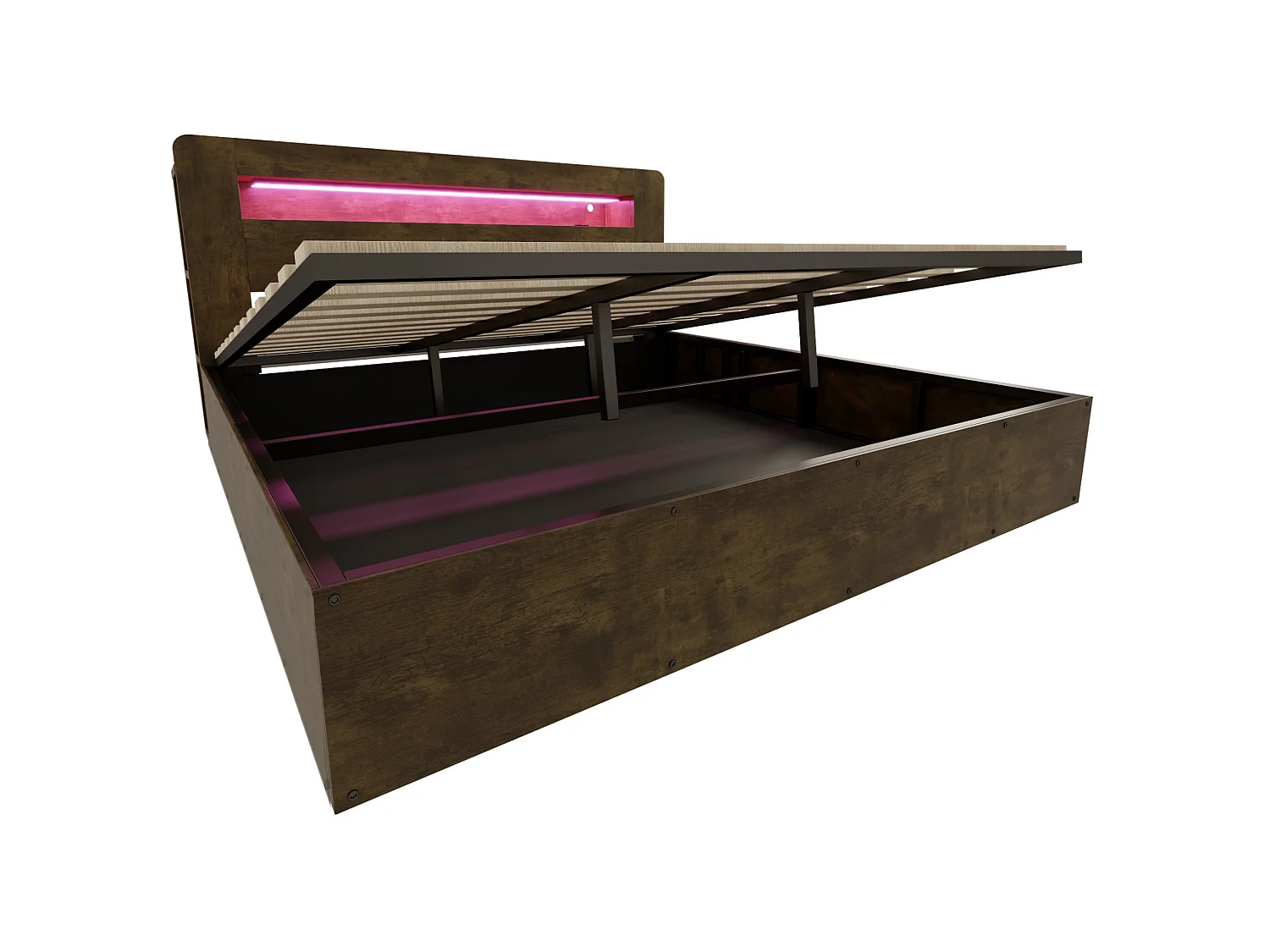 Lit coffre adulte 180x200 cm avec LED et prises - Bois naturel foncé