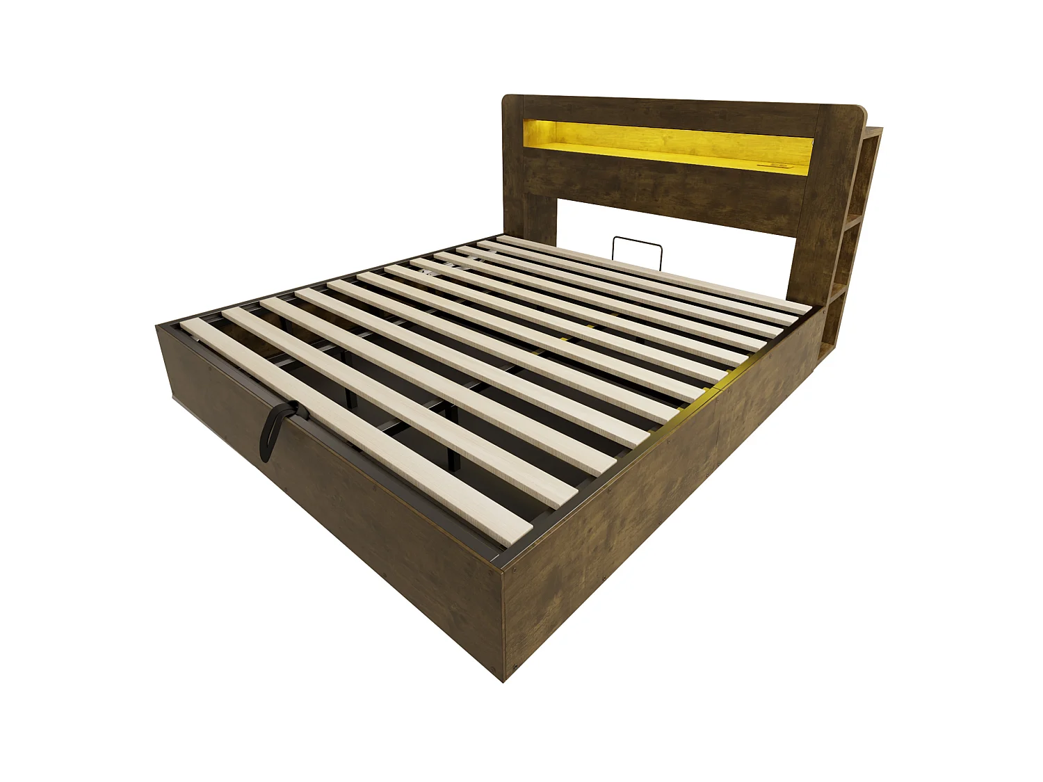 Lit coffre adulte 180x200 cm avec LED et prises - Bois naturel foncé