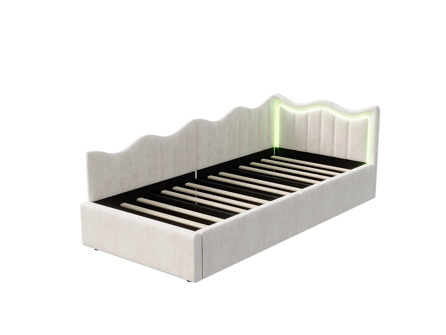Lit Coffre 90x200 cm avec LED, Canapé-Lit Simple avec Rangement Hydraulique, Sommier à Lattes, Lit Multifonction pour Salon et Chambre, Velours Beige
