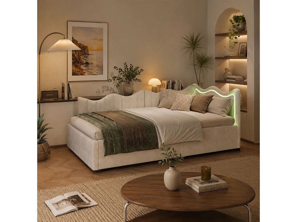 Lit Coffre 90x200 cm avec LED, Canapé-Lit Simple avec Rangement Hydraulique, Sommier à Lattes, Lit Multifonction pour Salon et Chambre, Velours Beige