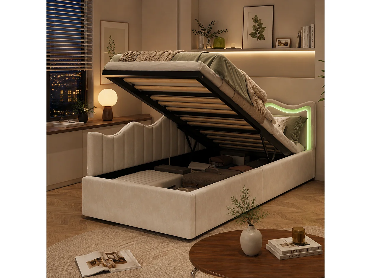 Lit Coffre 90x200 cm avec LED, Canapé-Lit Simple avec Rangement Hydraulique, Sommier à Lattes, Lit Multifonction pour Salon et Chambre, Velours Beige