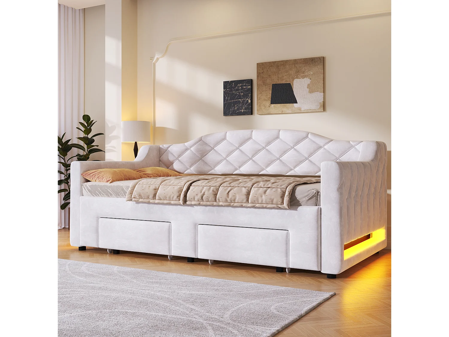 Kinderdagbed 90x200/180x200 cm met 2 lades en ledverlichting - Wit fluweel