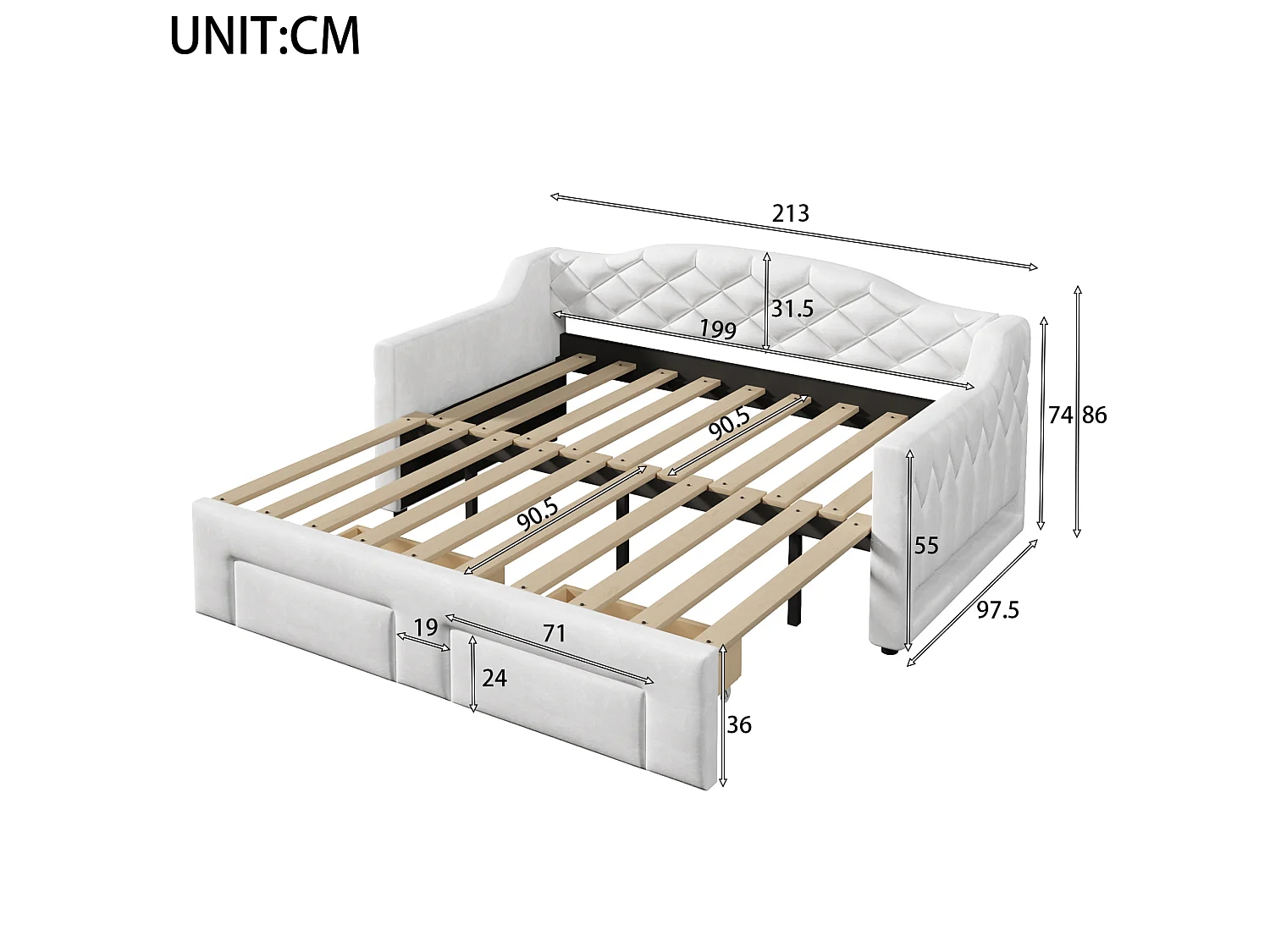 Kinderdagbed 90x200/180x200 cm met 2 lades en ledverlichting - Wit fluweel