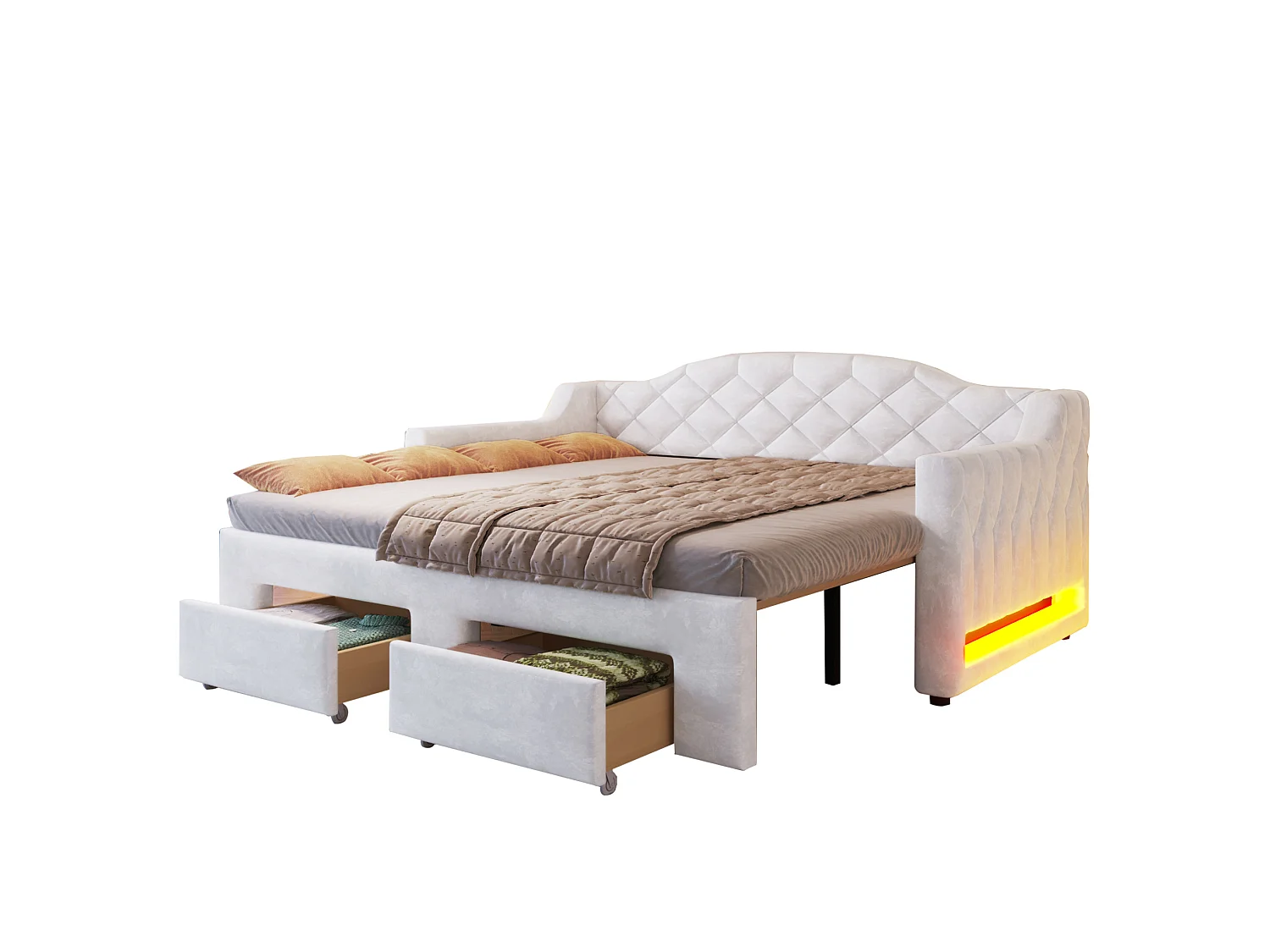 Kinderdagbed 90x200/180x200 cm met 2 lades en ledverlichting - Wit fluweel