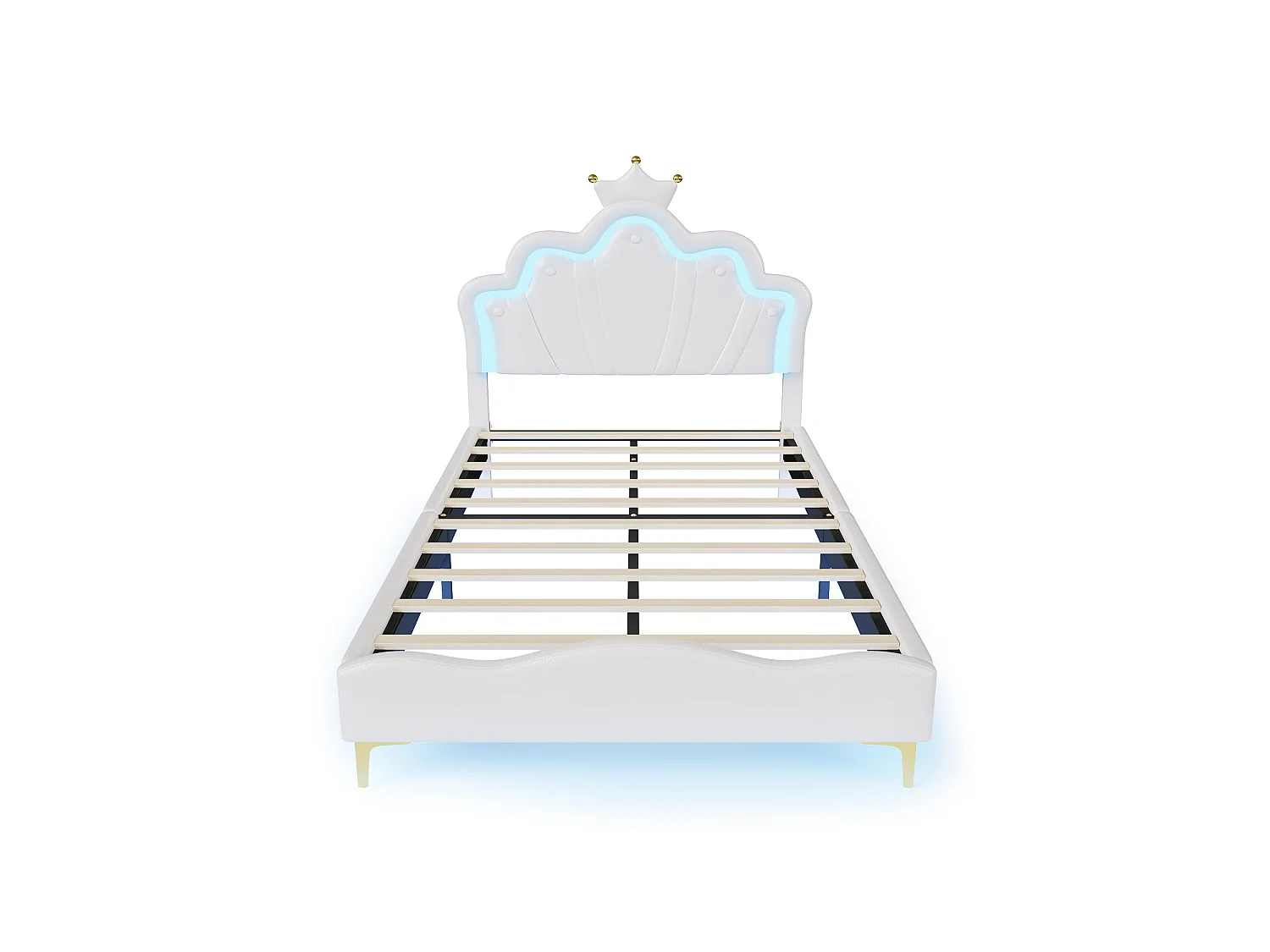 Lit Enfant Fille 140x190 cm avec LED, Lit Princesse en PU avec Tête de Lit Couronne, Cadre de Lit avec Sommier à Lattes, pour Chambre d’Enfant, Blanc