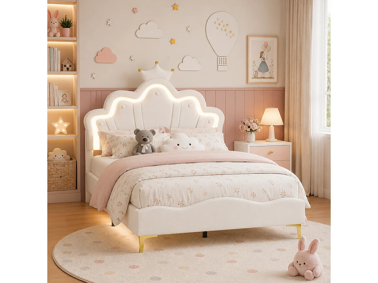 Lit Enfant Fille 140x190 cm avec LED, Lit Princesse en PU avec Tête de Lit Couronne, Cadre de Lit avec Sommier à Lattes, pour Chambre d’Enfant, Blanc