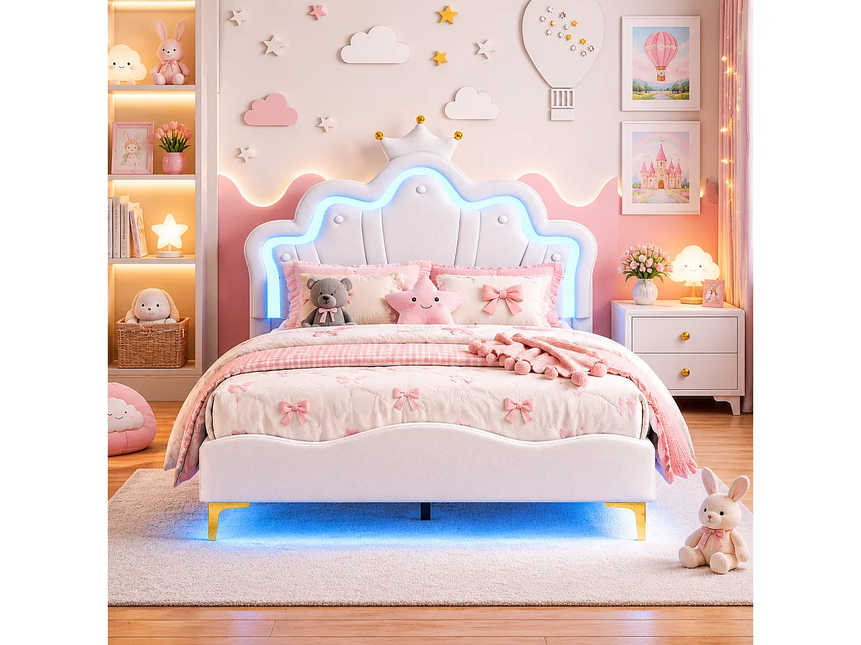 Lit Enfant Fille 140x190 cm avec LED, Lit Princesse en PU avec Tête de Lit Couronne, Cadre de Lit avec Sommier à Lattes, pour Chambre d’Enfant, Blanc