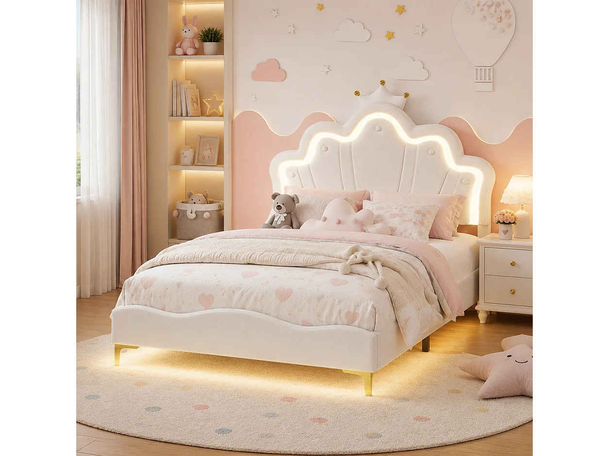 Lit Enfant Fille 140x190 cm avec LED, Lit Princesse en PU avec Tête de Lit Couronne, Cadre de Lit avec Sommier à Lattes, pour Chambre d’Enfant, Blanc