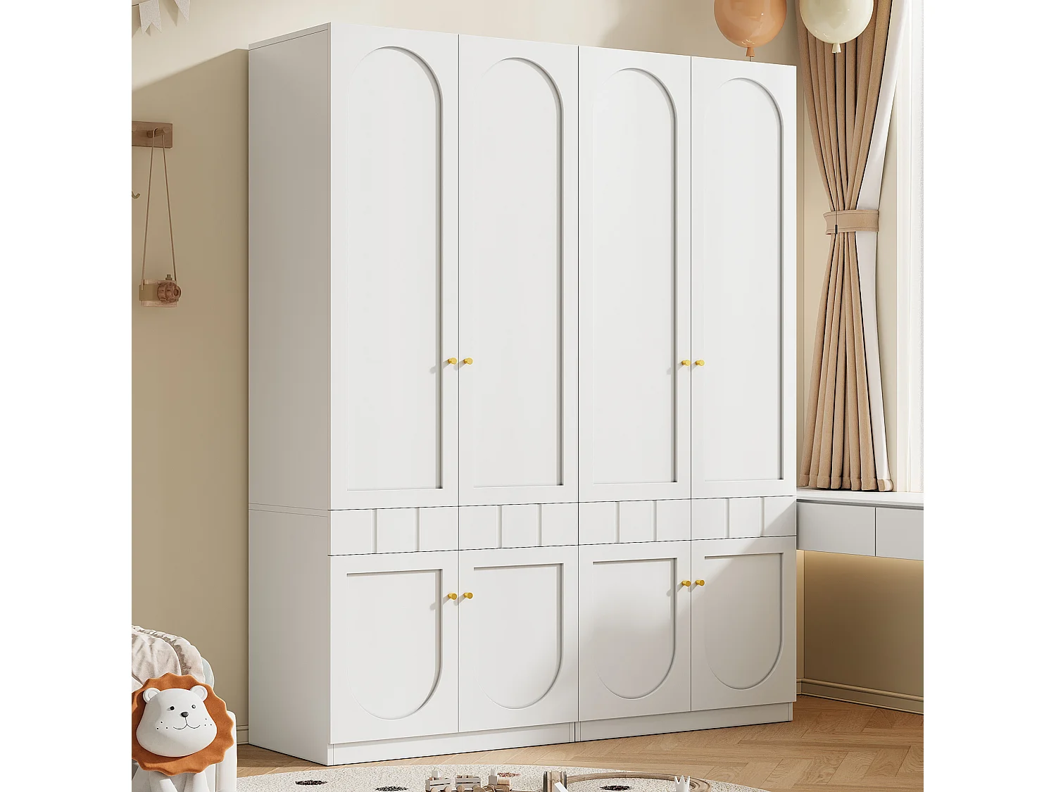 Set med 2 vita garderober 160x50x200 cm med klädskena, 8 dörrar och lådor