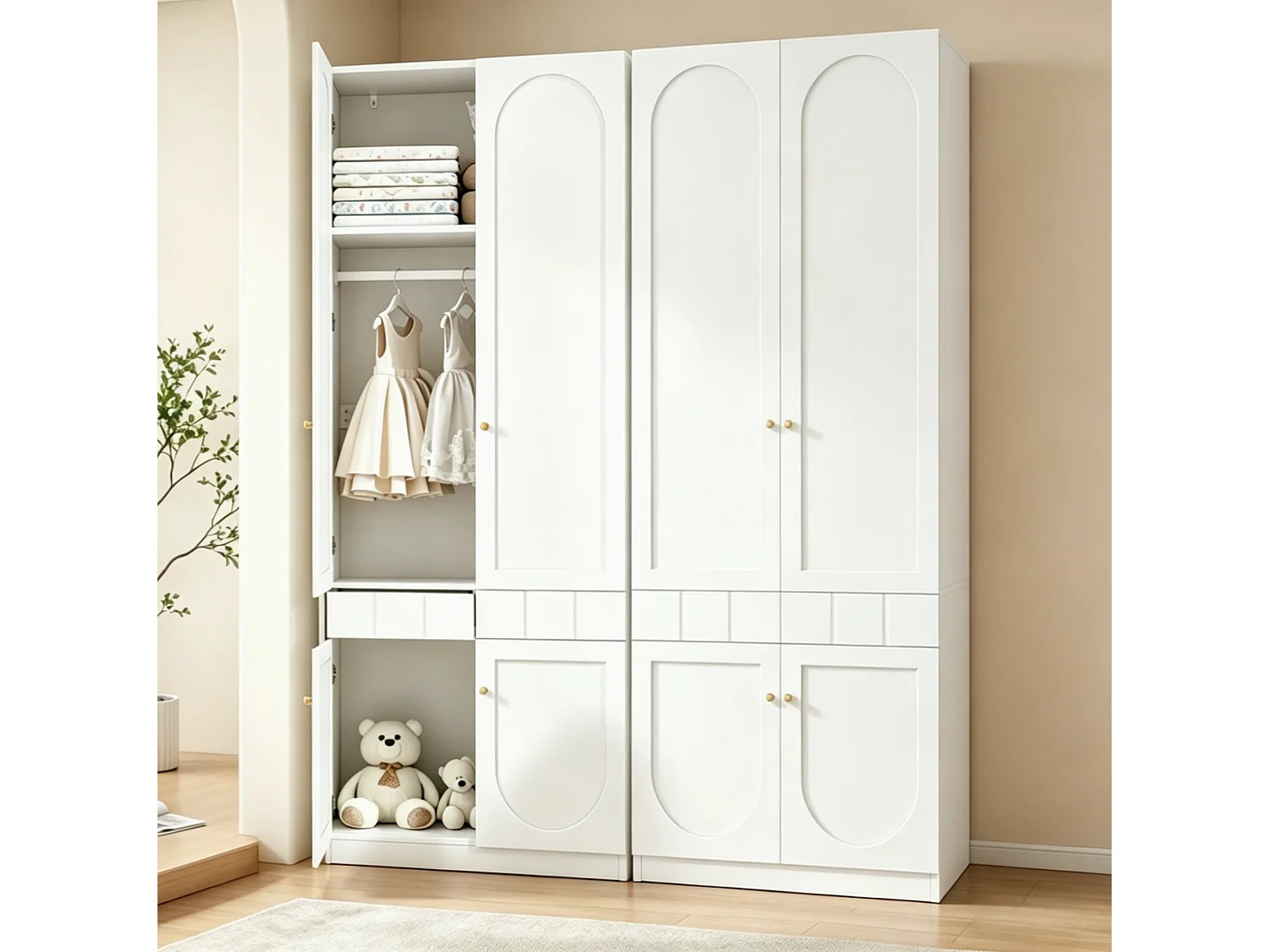 Set med 2 vita garderober 160x50x200 cm med klädskena, 8 dörrar och lådor