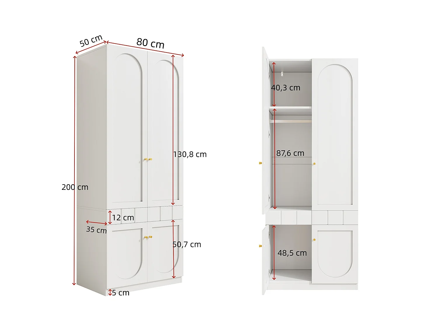 Set med 2 vita garderober 160x50x200 cm med klädskena, 8 dörrar och lådor