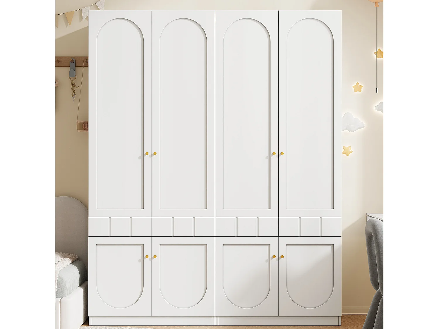 Set med 2 vita garderober 160x50x200 cm med klädskena, 8 dörrar och lådor