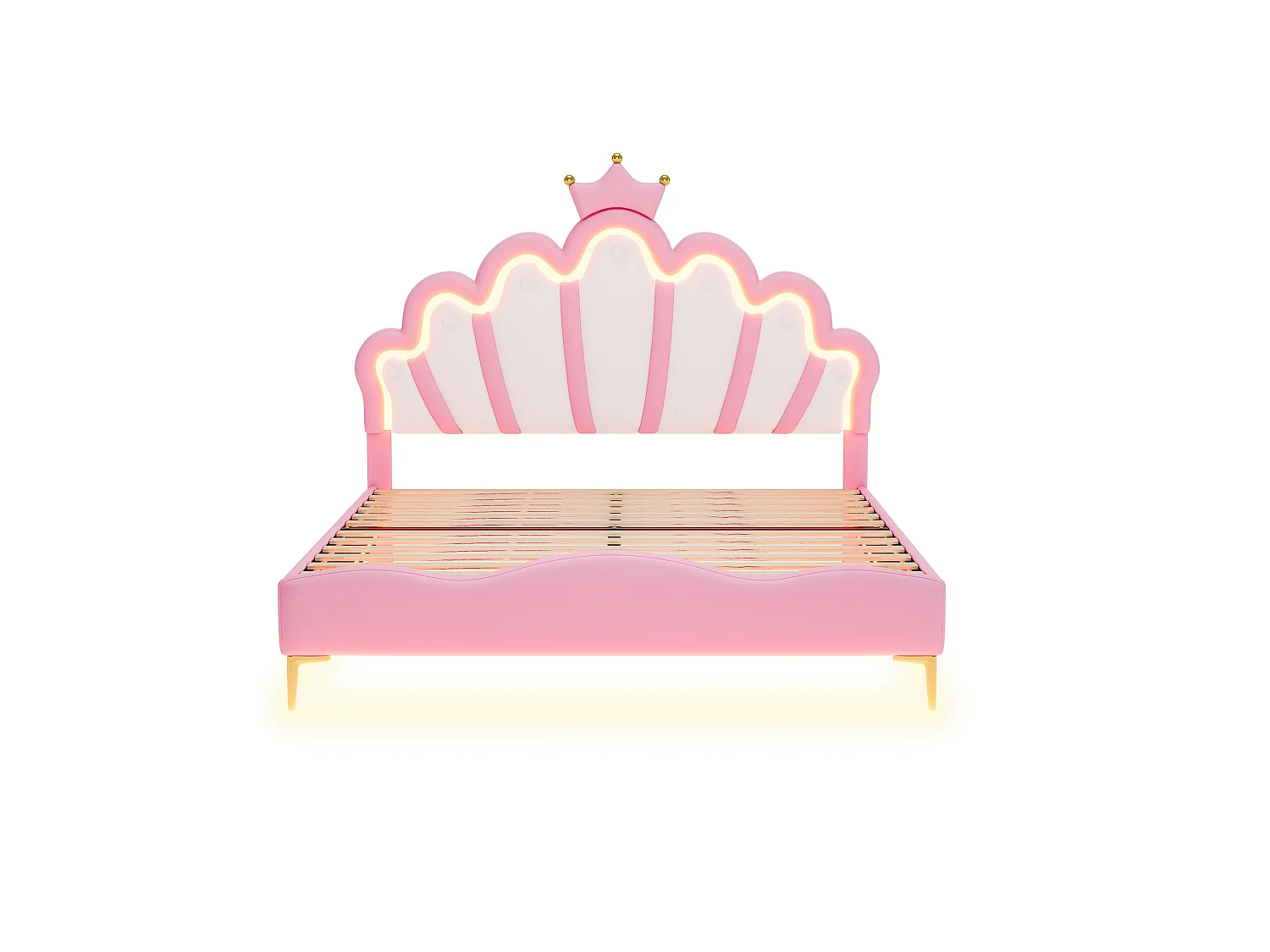 Lit Enfant 140x200 cm, Lit Adolescente Fille en Forme de Couronne, LED Lit Princesse avec Tête de Lits Réglabe, Cadre Lits 1 Place en Nuages, Rose PU