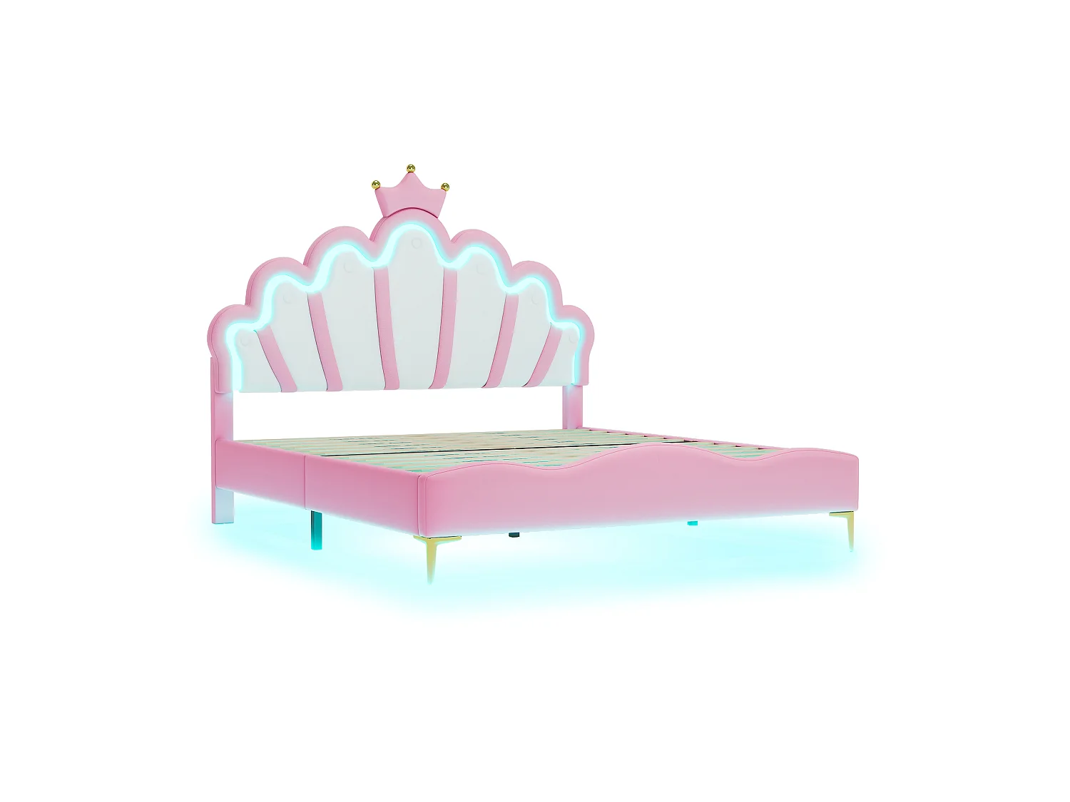 Lit Enfant 140x200 cm, Lit Adolescente Fille en Forme de Couronne, LED Lit Princesse avec Tête de Lits Réglabe, Cadre Lits 1 Place en Nuages, Rose PU