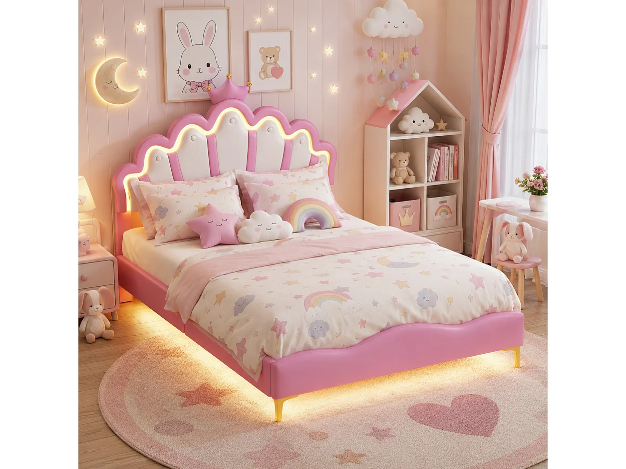 Lit Enfant 140x200 cm, Lit Adolescente Fille en Forme de Couronne, LED Lit Princesse avec Tête de Lits Réglabe, Cadre Lits 1 Place en Nuages, Rose PU