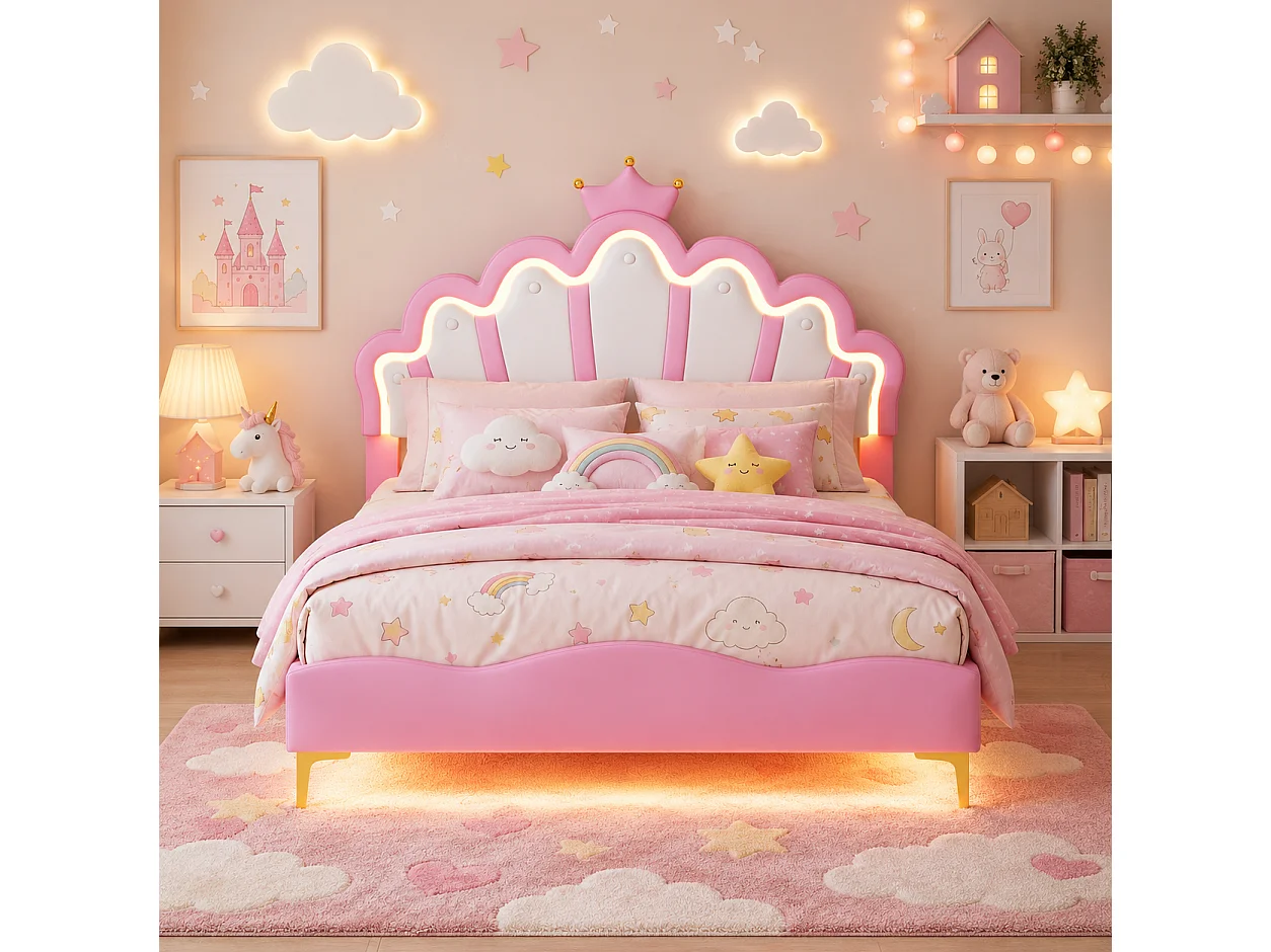 Lit Enfant 140x200 cm, Lit Adolescente Fille en Forme de Couronne, LED Lit Princesse avec Tête de Lits Réglabe, Cadre Lits 1 Place en Nuages, Rose PU