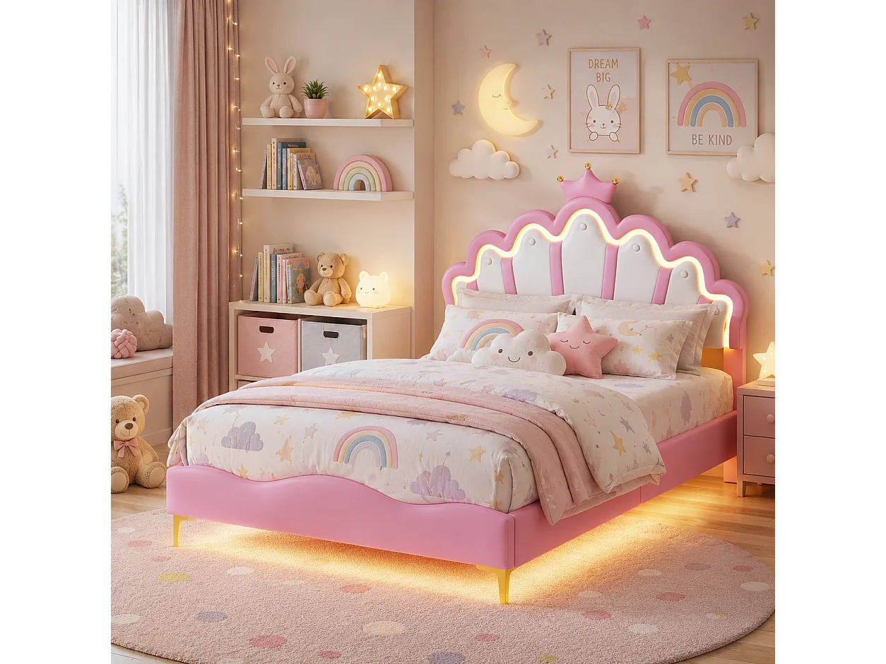 Lit Enfant 140x200 cm, Lit Adolescente Fille en Forme de Couronne, LED Lit Princesse avec Tête de Lits Réglabe, Cadre Lits 1 Place en Nuages, Rose PU