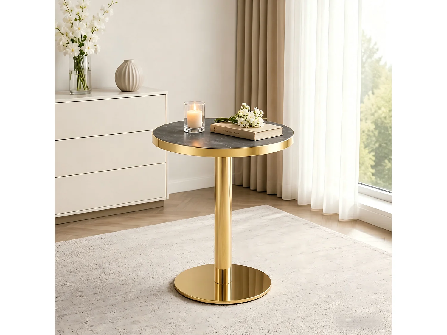 Table d'appoint ronde 60 x 60 cm effet marbre gris - Pied en acier inoxydable doré