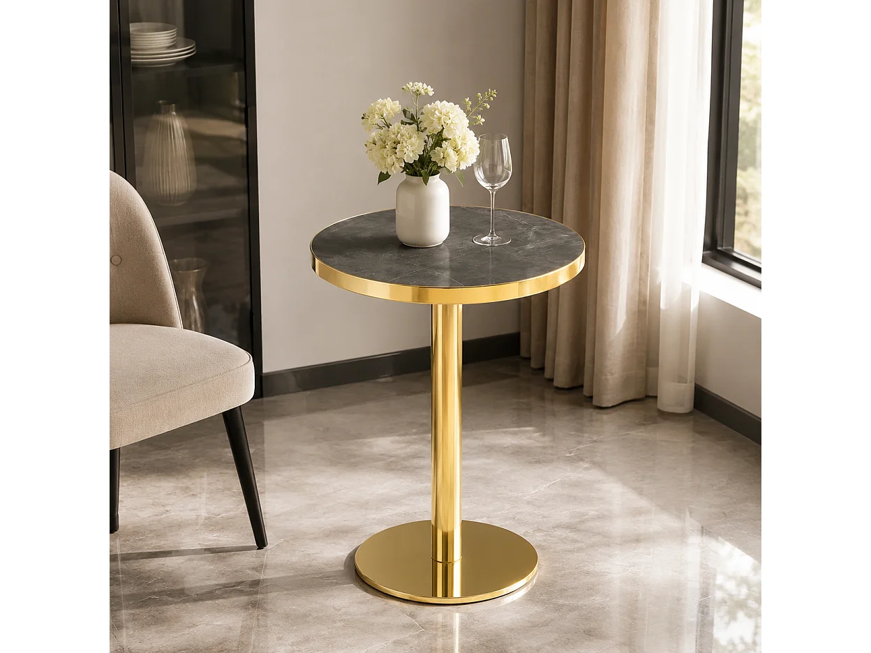 Table d'appoint ronde 60 x 60 cm effet marbre gris - Pied en acier inoxydable doré